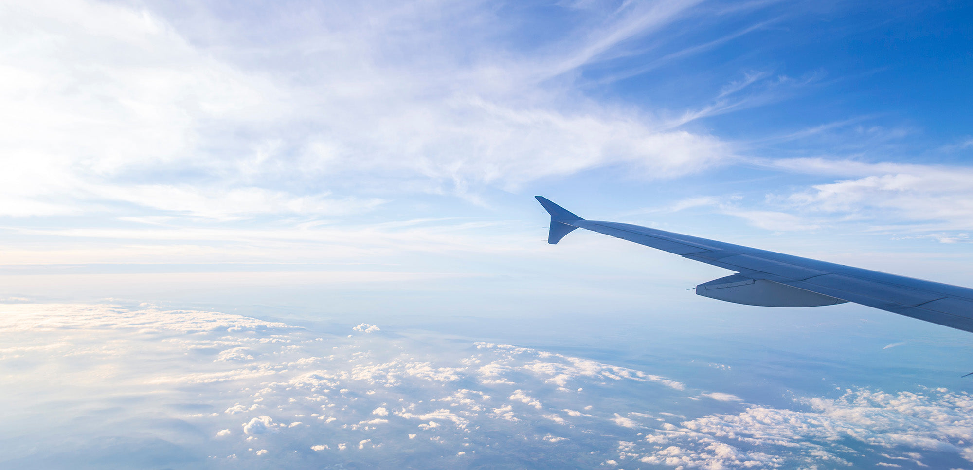飛行機での輸送中のイメージ。ウィングの背景は空と雲海